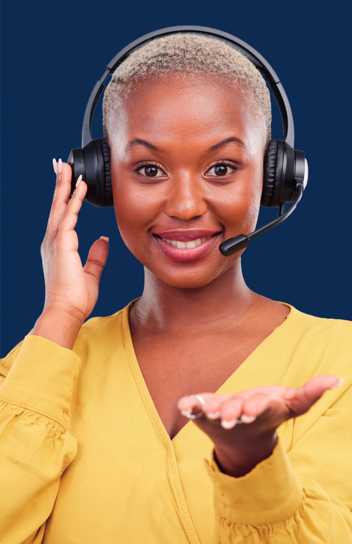 A friendly VVM contact-centre agent wearing a headset